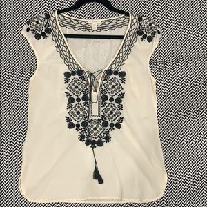 J Crew Embroidered black/cream Cotton Top Laced